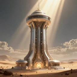 majestic cyberpunk structure, space elevator, architecture of purification, virtual installation, ancient atmosphere, trending on artstation, behance, octane render, award winning, archviz, matte painting, sunrays, ethereal, desert, masterpiece, epic