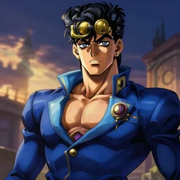 Jotaru Joestar from Jojo Bizzare Adventure in royal blue suit, sigma male, accurately portrayed, portrait art by alphonse mucha and greg rutkowski, highly detailed, digital painting, concept art, illustration, dim lighting with twilight rays of sunlight, trending on artstation, very detailed, smooth, sharp focus, octane render, close up