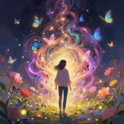 distant full long wide view shot. gamer woman in a hoodie, jean pants, sneakers, enchanting an illusory spell. butterflies, flowers, fireflies, spirits, digital painting, detailed, colorful aura, 8 k, trending on artstation, smooth, sharp focus artwork by mark arian, artgerm, mark keathley, greg rutkowski