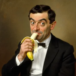 Rowan Atkinson as cross eyed Mister Bean eating a banana, painted by Rembrandt.