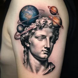 planets on the top of a broken renaissance head statue, realism tattoo design, hyper - realistic, in the style of tony santos