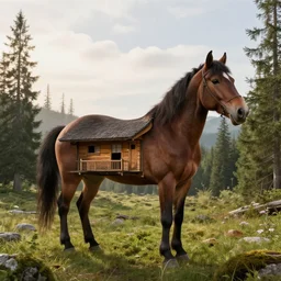 a woodland cabin in the shape of a horse