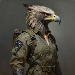 epic professional digital art of female human - eagle hybrid animal wearing air force jumpsuit, facing right, humanoid feathered head, eagle beak, painting, by lisa roet, artgerm, iris van herpen, artstation, cgsocietywlop, epic, much wow, much detail, gorgeous, detailed, cinematic, masterpiece