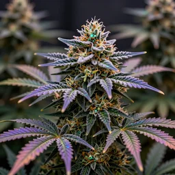 bioluminescent iridescent colored mature marijuana plants right at harvest time, large frosty buds and leaves, extremely detailed, photorealistic 8 k resolution