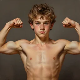 hyperrealistic painted portrait of young teen twink zeus greek god showing biceps, frontal double biceps, handsome handsome detailed digital painting trending artstation concept art sharp focus illustration art by greg rutkowski