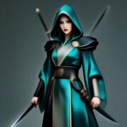 photograph of a real-life beautiful assassin with intricate malachite robes and daggers.  Extremely detailed. 8k
