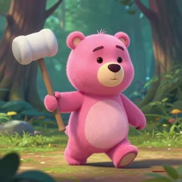 pink chocolate teddy bear walking in a forest in the croods movie style, holding a large white mallet, anime, disney, pixar, 8 k, hd, dof, kodak film, volumetric lighting, subsurface scattering, photorealistic, octane render, details