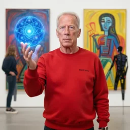 shaman chakra telekinesis red artificer Bruce Willis wearing crimson sweatshirt brandishes a blue atomic orb meditation kenny scharf frank mason peter mohrbacher octavio ocampo jen bartel james rosenquist jim lambie greg rutkowski rothko tombow