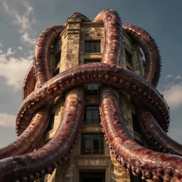 giant, fat, slimy tentacles wrapped around a building