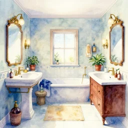a hiper intricate watercolor of a beatiful bathroom, extremely detailed, sharp focus, wide view, smooth, digital illustration, colorfull, by william turner art, by greg rutowski