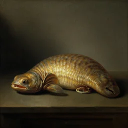 anomalocaris still life rembrandt baroque painting, dutch golden age painting, mysterious, ambient light, dramatic light, soft colours