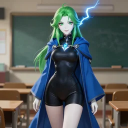 full body portrait of a female wizard in a classroom, skintight black bodysuit, short pants, blue robes, green hair, attractive, green eyes, white face, cute smile, lightning, very detailed face, highly detailed, dnd, high fantasy, digital illustration, by rossdraws