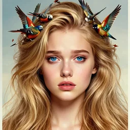 ! girl, sad look, big blue eyes, nest hair, long beautiful hairstyle, birds of hair!!! beauty girl portrait, face in detail, big sad eyes, blonde hairstyles, hair everywhere, by aykut, by kuvshinov, poster, golden ratio, render, colorful