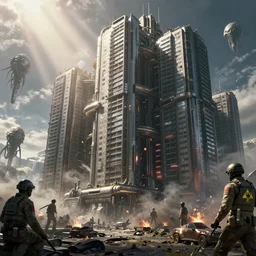 an epic photobashing of a epic massive cyberpunk military apartment, alien civilization, futuristic, hyper - realist, post apocalypse, nuclear war, daylight, god's ray, interstellar, scifi, blockbuster, cg, vfx, concept art, riot cinematic, bio hazard, soviet, by zdislaw beksinski and fvckrender and visualdon, trending on cgsociety,