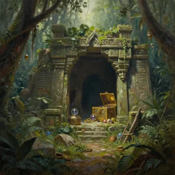 Trending on artstation, ancient jungle ruins, containing treasure inside, detailed matte painting, oil on canvas