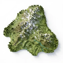 contour map of a scottish mountain, 3 d, furnished with trees, snow patches, rivers, realistic