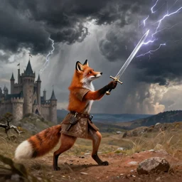 anthropomorphic fox!! who is a medieval knight holding a swo - rd towards a stormy thundercloud while thunderbolts strike the earth [ 1 9 3 0 s film still ], ( fantasy castle in the background )