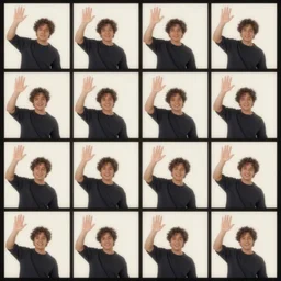 a flip book of a man waving his arm from left to right frame by frame, separated into equally sized frames