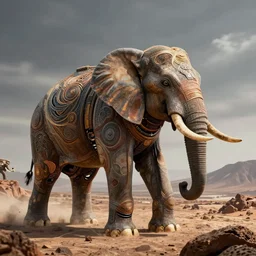 a hybrid robot elephant, on socotra island, intricate, elegant action scene, an epic fantasy, artgerm and greg rutkowski and alphonse mucha, an epic fantasy, volumetric light, detailed, establishing shot, an epic fantasy, cinematic, photorealistic, ultrarealistic, trending on art station, octane render