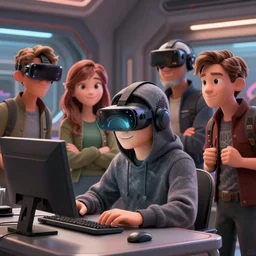 happy hacker at a computer in a vr mask in a scifi movie, by jamie hewlett, nuri iyem, james gurney, james jean, greg rutkowski, anato finnstark. pixar. hyper detailed, 5 0 mm, perfect faces