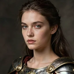 close - up portrait of beautiful model dressed gladiator with metallic armor, art by hendrik kerstens