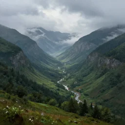 beautiful mountains during a rainy day, view from the valley, stunning and beautifu digital painting in the style of artem chebokha