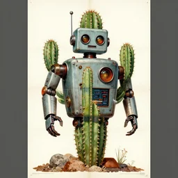 1950s retro cactus robot movie poster. Bionic Arms and eyes. muted colours. by Jean-Baptiste Monge, wide shot