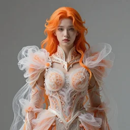 a majestic orange - haired woman wearing an intricate and detailed armor made of candy floss. layers. textures. delicate. elaborate. translucent. soft. ethereal. fragile. vulnerable. studio portrait. photorealistic. octane render