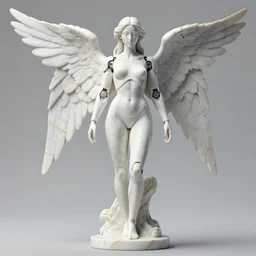 a statue made of white marble with gold veins, of an beautiful gorgeous futuristic cybernetic angel girl, prostheses, transhumanism, full body shot, perfect symmetrical body, perfect symmetrical face, hyper realistic, hyper detailed, by johannen voss, by peter kemp, by monia merlo, by michelangelo, octane render, blender, 8 k