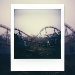 atmospheric polaroid photograph of abandoned amusement park, roller coaster tracks seen through the fog