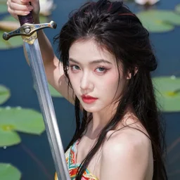 under the water in lily pond, portrait of a beautiful woman with sword, high detail, vibrant colors, face, by bastien deharme, bayard wu, greg rutkowski, auguste bourotte, bastien deharme, masterpiece, sharp focus, cinematic lightning