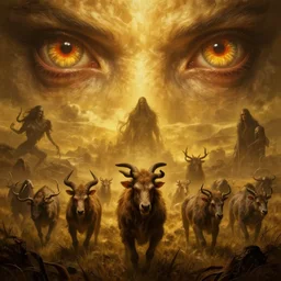 epic professional digital art of hungry eyes, ambient golden light, painted, mysterious, cinematic scene, terrifying prairie animals, eerie, mythic, detailed, intricate, grand, leesha hannigan, wayne haag, reyna rochin, ignacio fernandez rios, mark ryden, van herpen, artstation, cgsociety, epic, stunning, gorgeous, wow wow detail
