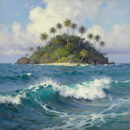 ocean waves in the foreground, a mystic tropical island in the middleground, artstation, oil painting, painted ruan jia raymond swanland lawrence alma tadema zdzislaw beksinski norman rockwell tom lovell alex malveda greg staples