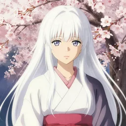 a full body portrait of a japanese princess young lady, with white hair and bangs!!!! beauty, delicate features finely detailed perfect art, sakuras, gapmoe yandere grimdark, trending on pixiv fanbox, painted by greg rutkowski makoto shinkai takashi takeuchi studio ghibli