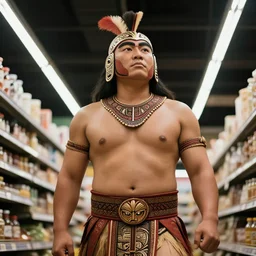 low angle photography, maori warrior in a grocery store, deep focus, elegant, highly detailed, polaroid 6 0 0, matte, sharp focus, art by nan goldin, cinematographyby jom jarmusch