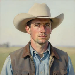 high quality high detail painting by norman rockwell, hd, portrait of a cowboy, muted pastel colors, photorealistic lighting