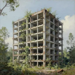 a beautiful photorealistic painting of nature unfinished building abandoned urbex multi - family building by philip johnson, otherworldly myst nature, archdaily, wallpaper, highly detailed, trending on artstation.