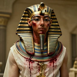 An egyptian pharaoh as The American Psycho, cinematic still, bloody
