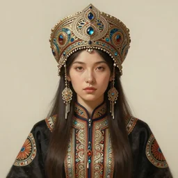 a portrait of a female shaman, upper half portrait, decorated with russian motifs, russian shaman, siberia, traditional russia, intricate, elegant, highly detailed, symmetry, headpiece, digital painting, artstation concept art smooth sharp focus, illustration, art by artgerm and greg rutkowski alphonse mucha 8 k