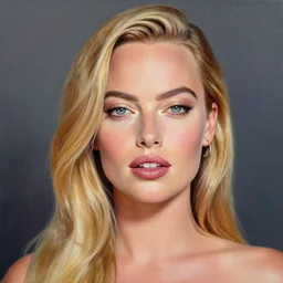 a A painting of Margot Robbie, highly detailed, hyper realistic, vibrant