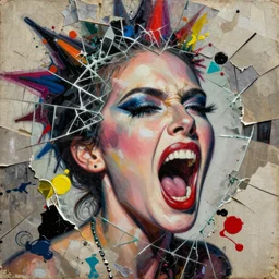 glamorous and screaming divine mind blow, detailed mixed media collage with canvas texture in style of contemporary art, punk art, realism, realistic photo, expressionism, masterpiece, spectacular quality, intricate oil details, broken glass photo, torn paper intricate texture, large cracks, liquid glue spots, high contrast, wide vivid colour spectre
