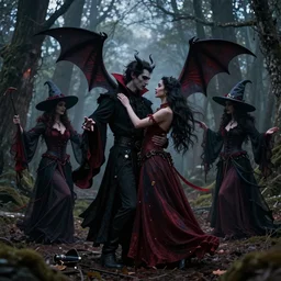 masterpiece demons, vampires and witches dancing in the woods at dusk, edmund leighton, majestic, volumetric lighting, photorealistic, intricate, trending on artstation 8 k