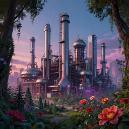 industrial architecture by eugene boudin, flowers postcyberpunk cosmic elysian liberty city retro at dusk forest, archdaily, wallpaper, highly detailed, trending on artstation.