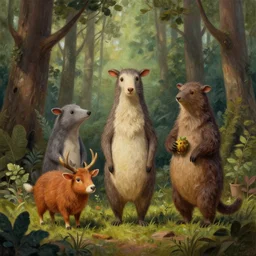 antropomorphic animals living in a forest in the style of Rivulet Paper, realistic painting, high definition, digital art, very detailed