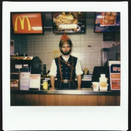 ottoman janissary working the front counter of mcdonald's ready to take your order, eighties polaroid, flash photography, photorealistic, kodachrome