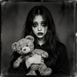 evil ghost girl, traumatized, big cut on face, big black eyes, black clothes, horrorific, holding a dirty and torn teddy bear, old tintype photo with cratches,