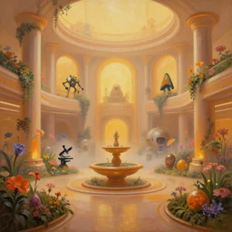 a minimalist oil painting by donato giancola, warm coloured, cinematic scifi bioluminescent luxurious futuristic foggy steam filled art deco garden circular shopping mall interior with microscopy minimalist giant windows flowers growing out of pretty bulbous ceramic fountains, gigantic pillars and flowers, maschinen krieger, beeple, star trek, star wars, ilm, star citizen