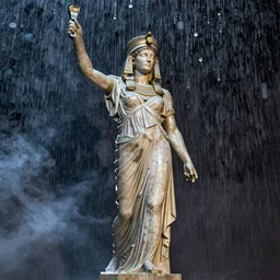 sculp of Cleopatra on the rain, faith, ant view, night, smoke, shadows, award winning photography