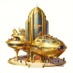 atlantis paradise, a retro futuristic spaceship made of brass, art deco influence, hotel style design. bioshock, starship titanic. clean cel shaded vector art. shutterstock. behance hd by lois van baarle, artgerm, helen huang, by makoto shinkai and ilya kuvshinov, rossdraws, illustration, art by ilya kuvshinov