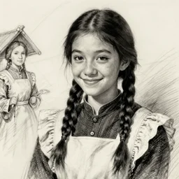 a sadly smiling black haired, young hungarian village maid from the 19th century who looks very similar to Lee Young Ae with a two braids, detailed, sketch by Rembrandt, Csók István and da Vinci
